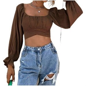 Shein Borwn Crop Long Sleeve Back Tie Top Size Large